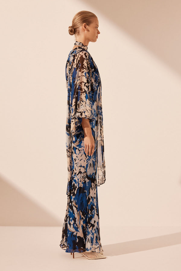 OLEA PLUNGE BALLOON SLEEVE MAXI DRESS_S