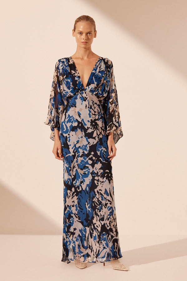 OLEA PLUNGE BALLOON SLEEVE MAXI DRESS_F2
