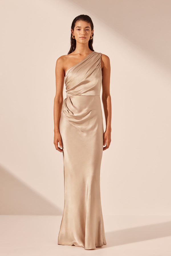 LA LUNE GATHERED ONE SHOULDER MAXI DRESS - GOLD_F