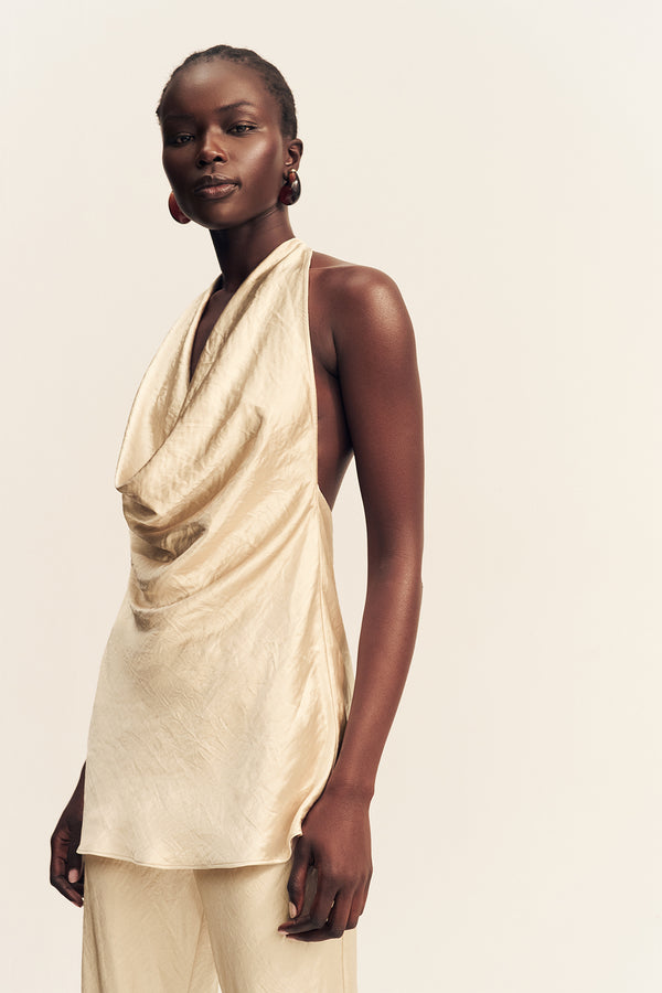 ANDIE CRUSHED LOW COWL MINI DRESS - CHAMPAGNE