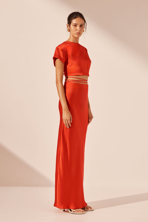 MILENNA SILK BIAS TIE MAXI SKIRT - CHILLI RED_A