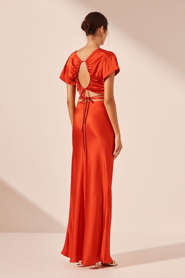 MILENNA SILK BIAS TIE MAXI SKIRT - CHILLI RED_B