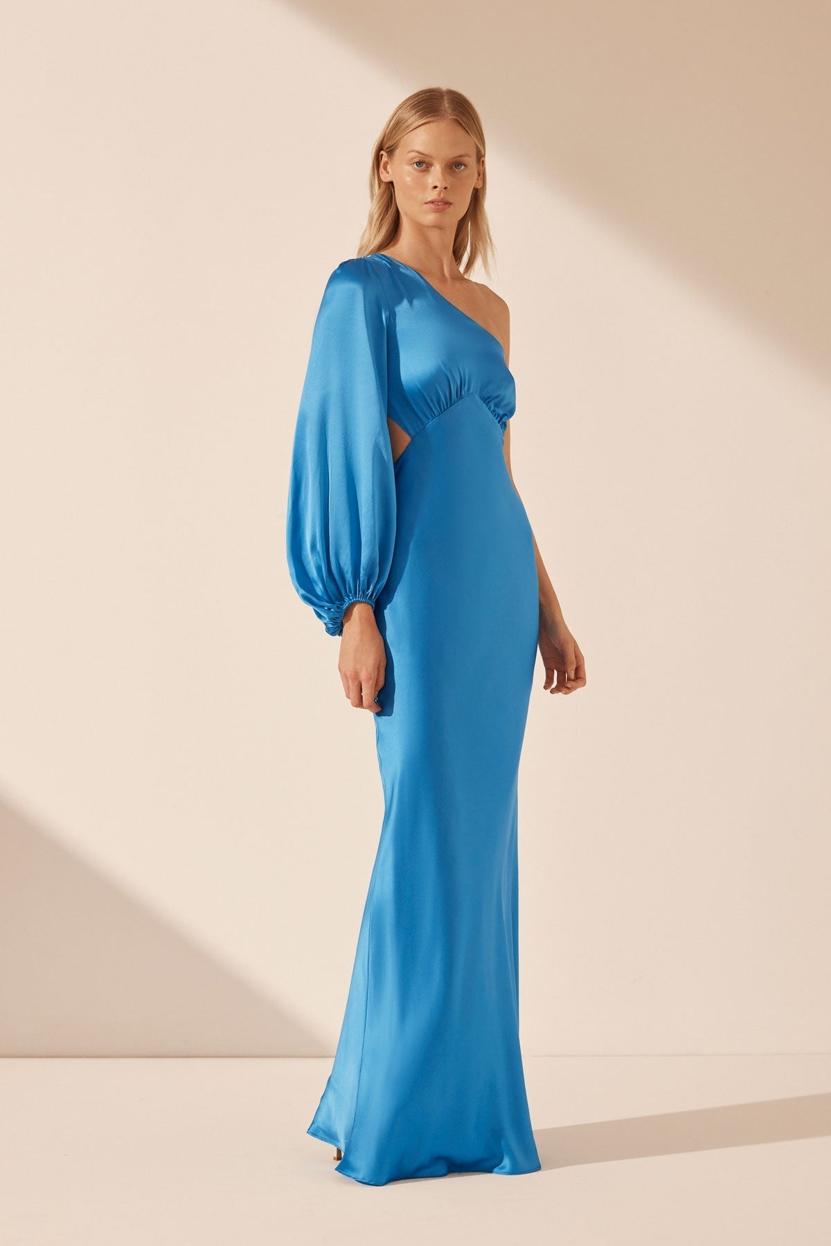 Ciel Silk One Shoulder Open Back Maxi Dress | Aqua | Dresses | Shona Joy