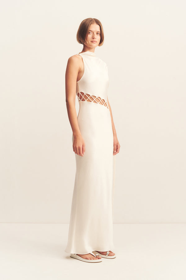 HUXLEY COWL LACE UP MAXI DRESS - VANILLA