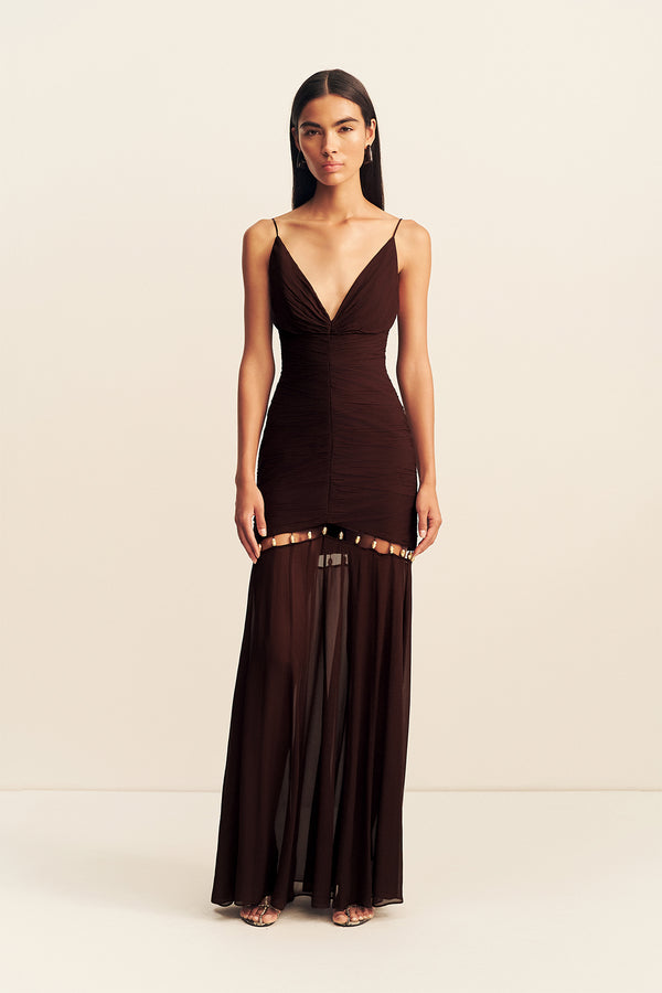 EMILIE GATHERED MAXI DRESS WITH BEADS - RISTRETTO_F