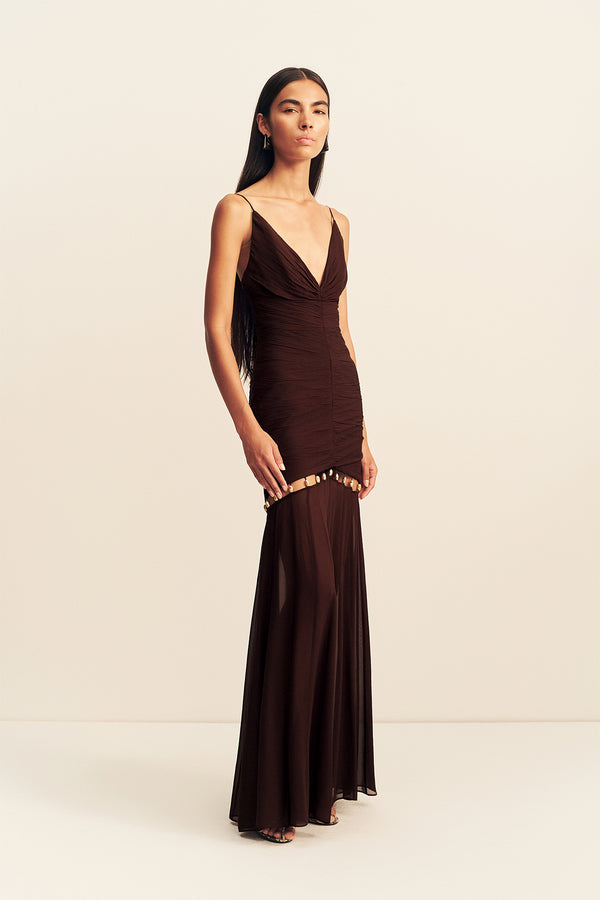 EMILIE GATHERED MAXI DRESS WITH BEADS - RISTRETTO