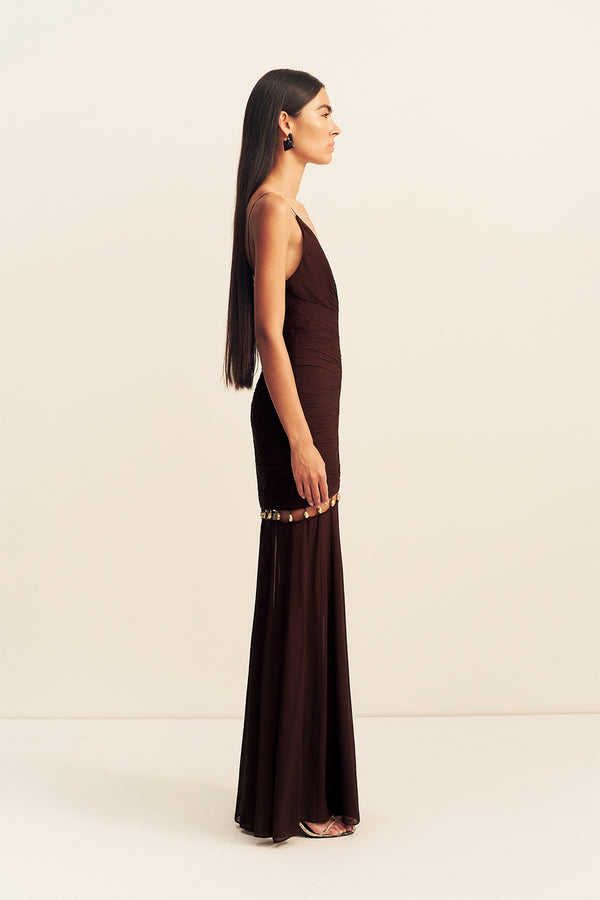 EMILIE GATHERED MAXI DRESS WITH BEADS - RISTRETTO