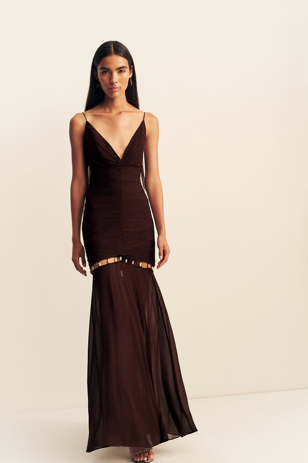 EMILIE GATHERED MAXI DRESS WITH BEADS - RISTRETTO