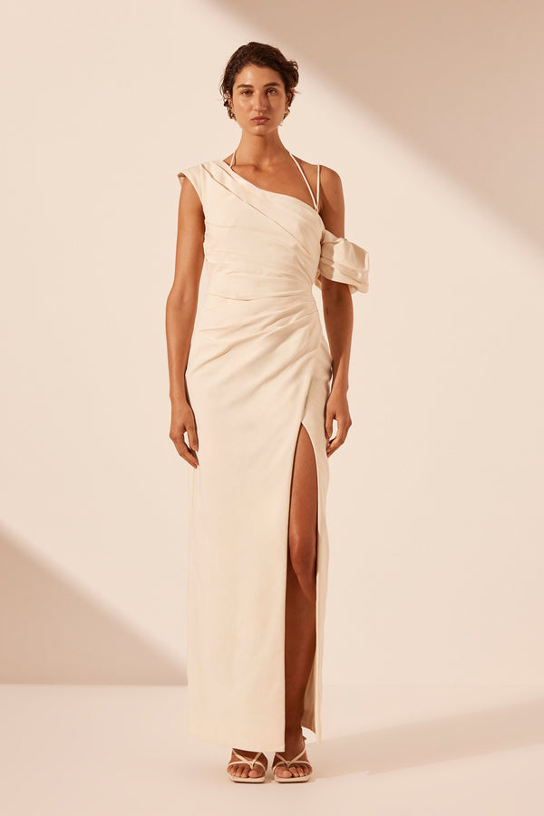 LANI ASYMMETRICAL DRAPED MAXI DRESS - RICE_F