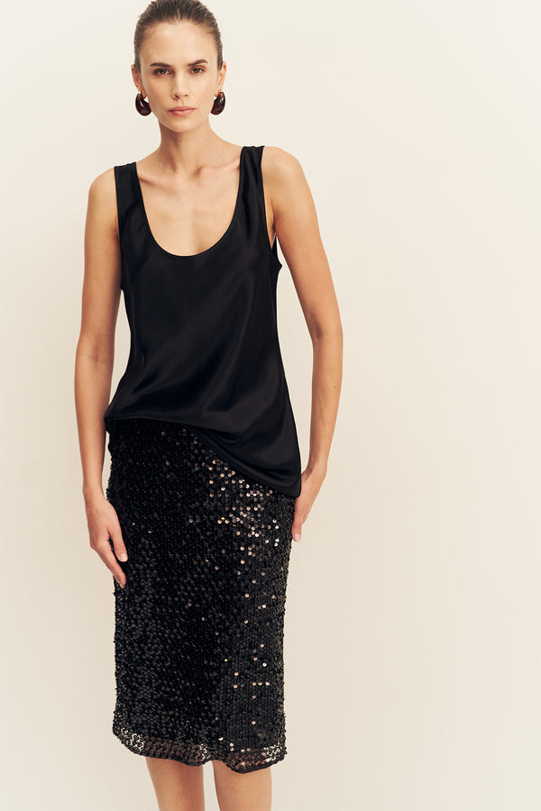 EVERLY SEQUIN MIDI SKIRT WITH DETACHABLE LINING- BLACK