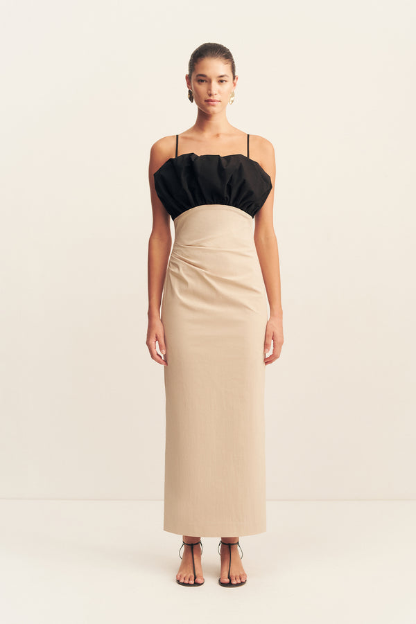CAMPBELL BUBBLE BODICE MIDI DRESS - OAT MILK_F