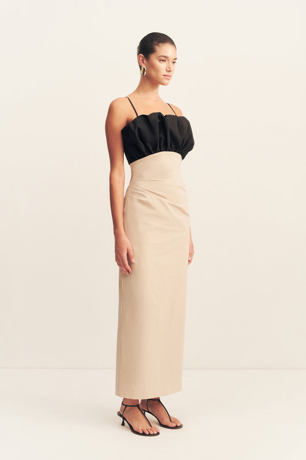 CAMPBELL BUBBLE BODICE MIDI DRESS - OAT MILK
