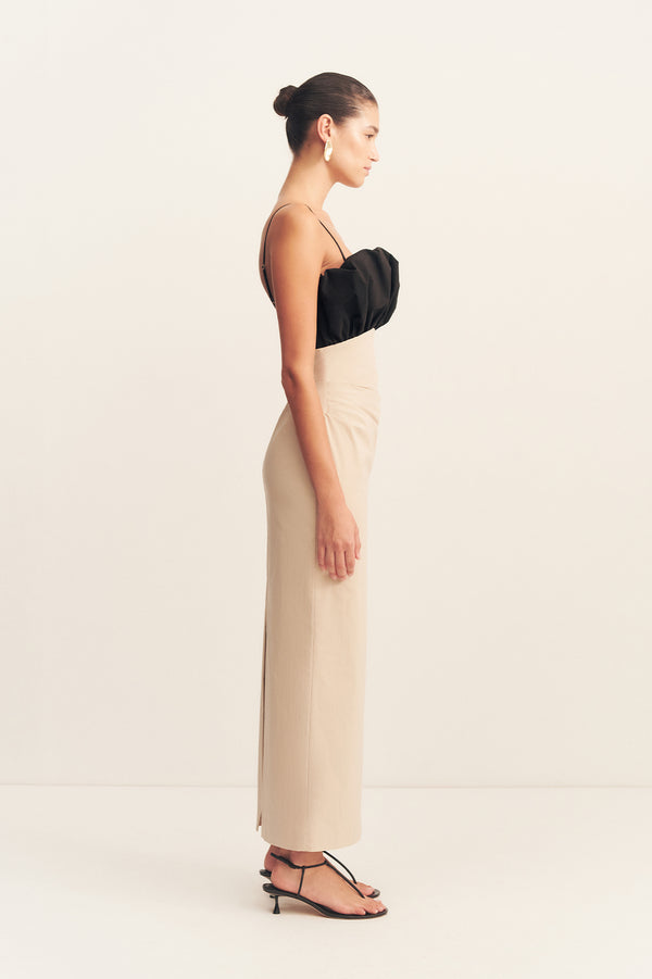 CAMPBELL BUBBLE BODICE MIDI DRESS - OAT MILK