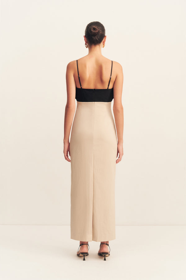 CAMPBELL BUBBLE BODICE MIDI DRESS - OAT MILK