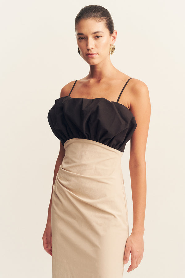 CAMPBELL BUBBLE BODICE MIDI DRESS - OAT MILK
