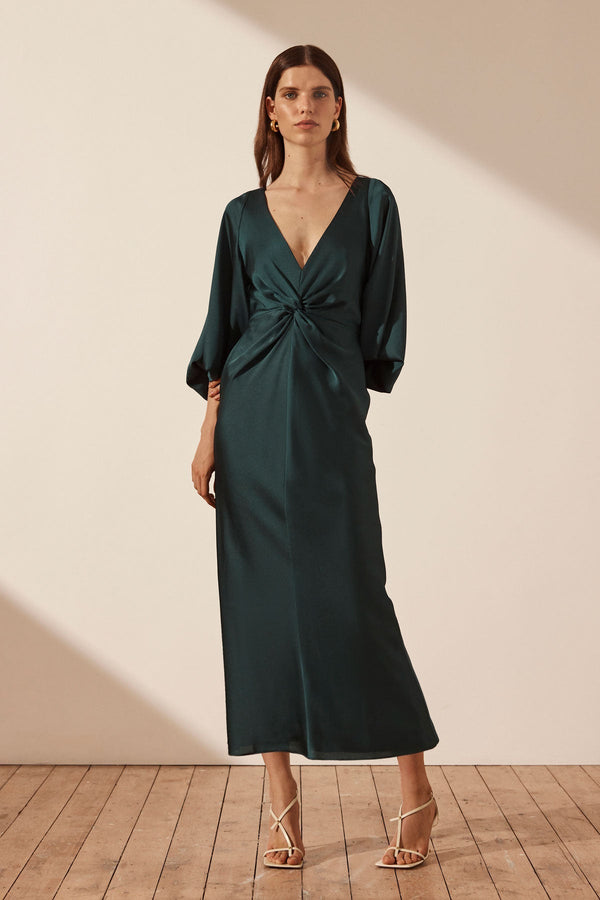 LUXE BALLOON SLEEVE KNOT FRONT MIDI DRESS - EMERALD_F