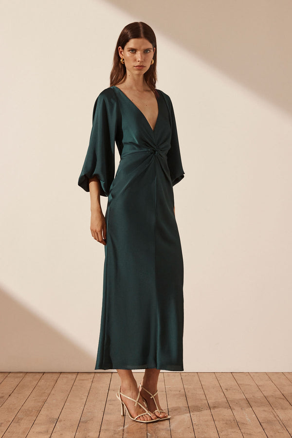 LUXE BALLOON SLEEVE KNOT FRONT MIDI DRESS - EMERALD_A