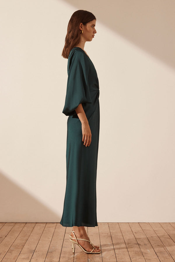 LUXE BALLOON SLEEVE KNOT FRONT MIDI DRESS - EMERALD_S