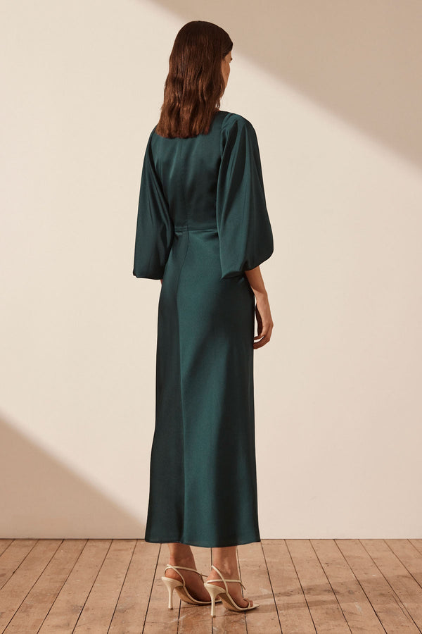 LUXE BALLOON SLEEVE KNOT FRONT MIDI DRESS - EMERALD_B