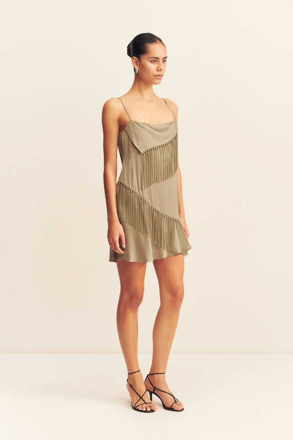 MYSTIC FRINGE MINI DRESS - OAK