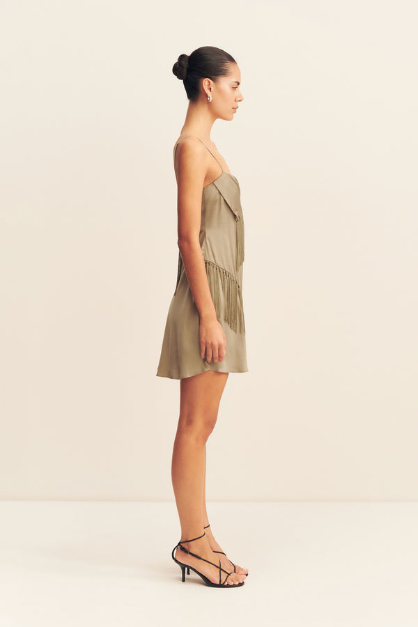 MYSTIC FRINGE MINI DRESS - OAK
