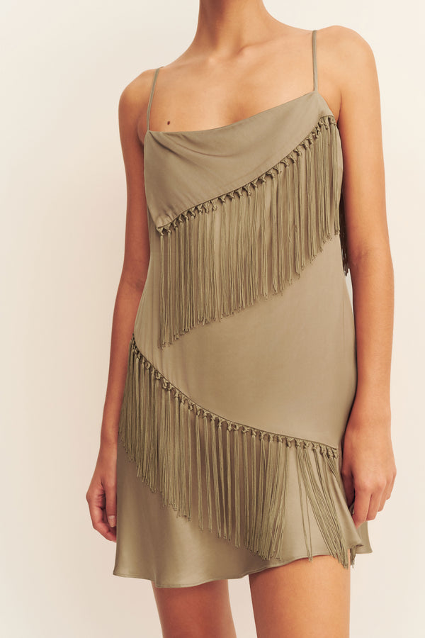 MYSTIC FRINGE MINI DRESS - OAK