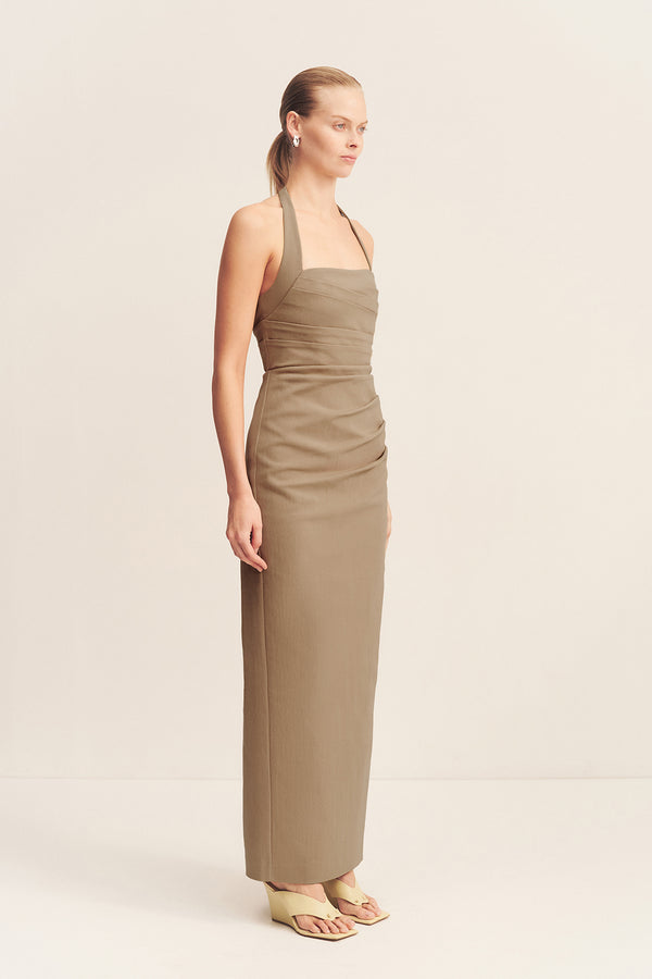 LANI DRAPED HALTER MAXI DRESS - PEBBLE
