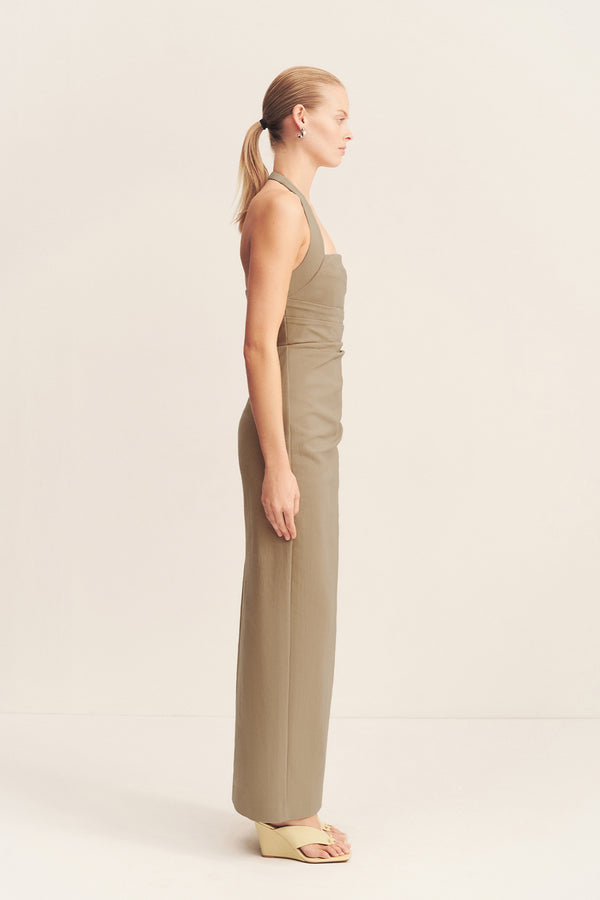LANI DRAPED HALTER MAXI DRESS - PEBBLE