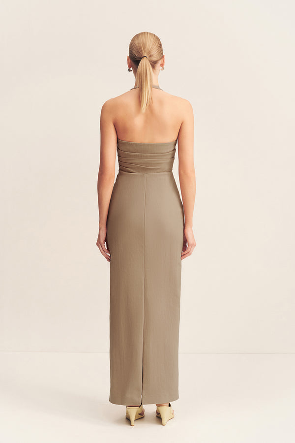 LANI DRAPED HALTER MAXI DRESS - PEBBLE