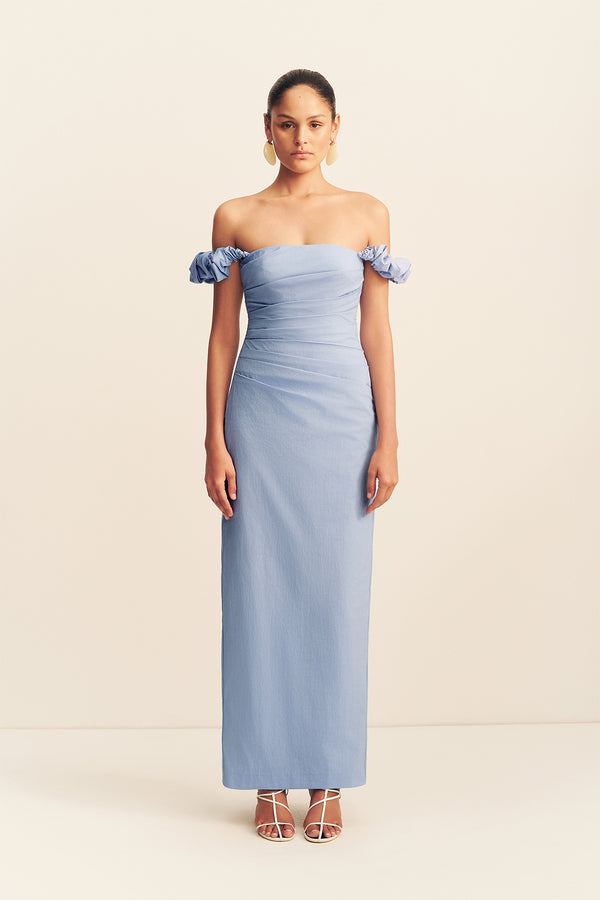 CAMPBELL OFF SHOULDER DRAPED MAXI DRESS - AZURINE_F