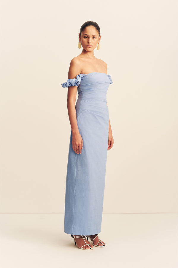 CAMPBELL OFF SHOULDER DRAPED MAXI DRESS - AZURINE
