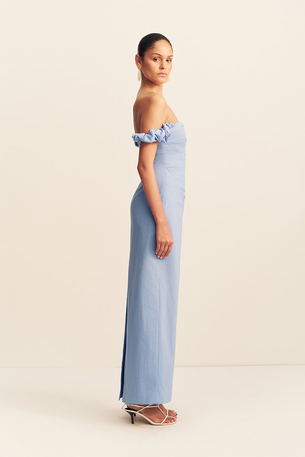 CAMPBELL OFF SHOULDER DRAPED MAXI DRESS - AZURINE
