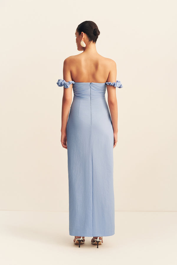 CAMPBELL OFF SHOULDER DRAPED MAXI DRESS - AZURINE