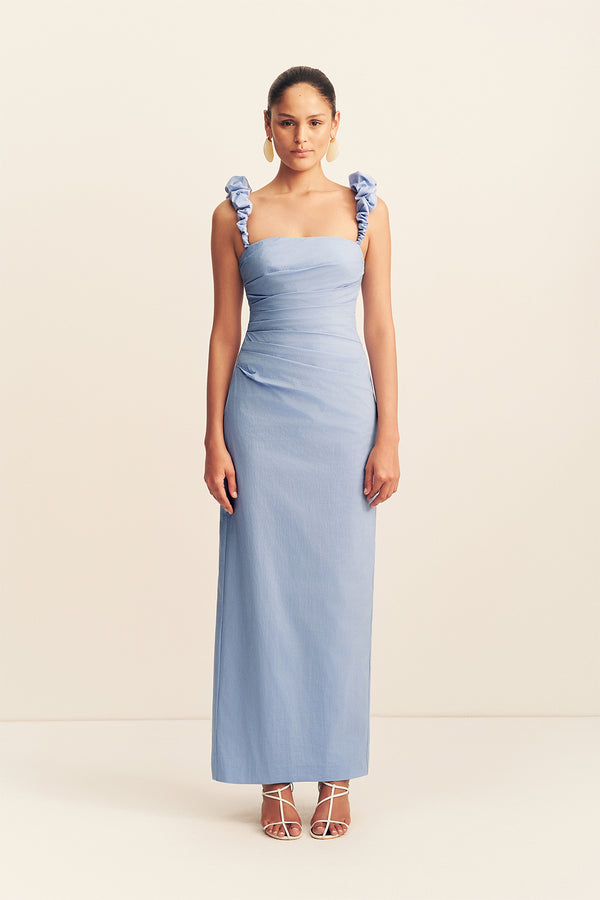 CAMPBELL OFF SHOULDER DRAPED MAXI DRESS - AZURINE