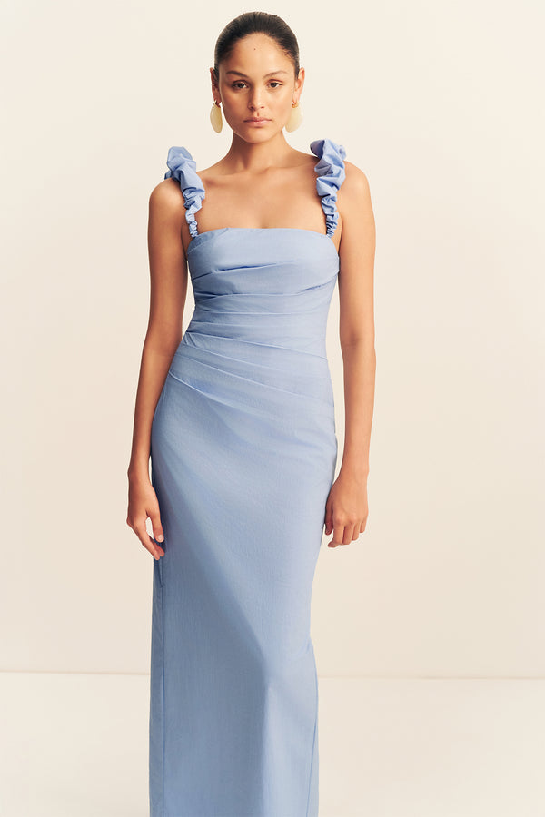 CAMPBELL OFF SHOULDER DRAPED MAXI DRESS - AZURINE