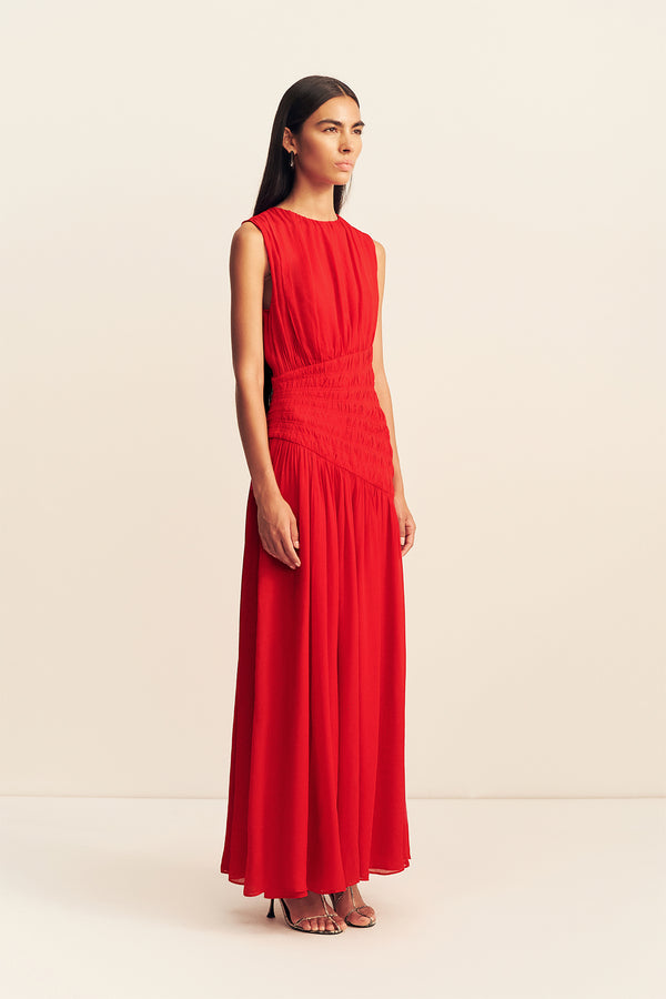 AMINA PANELLED RUCHED MAXI DRESS - CHILLI