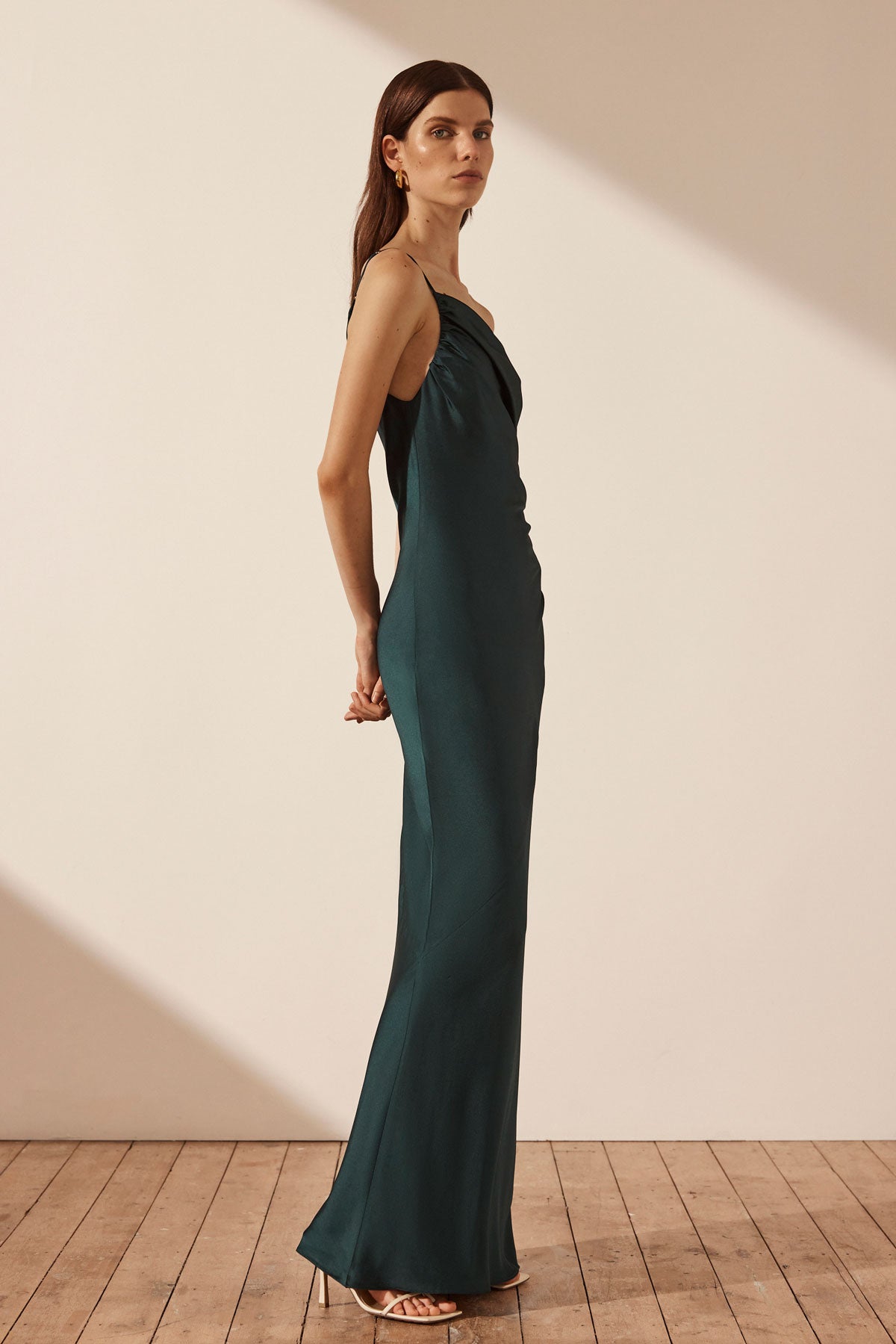 Luxe Asymmetrical Gathered Maxi Dress Emerald Dresses Shona Joy