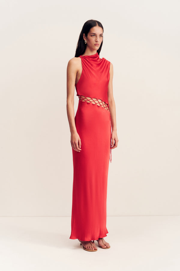 TATUM COWL LACE UP MAXI DRESS - GRENADINE_A