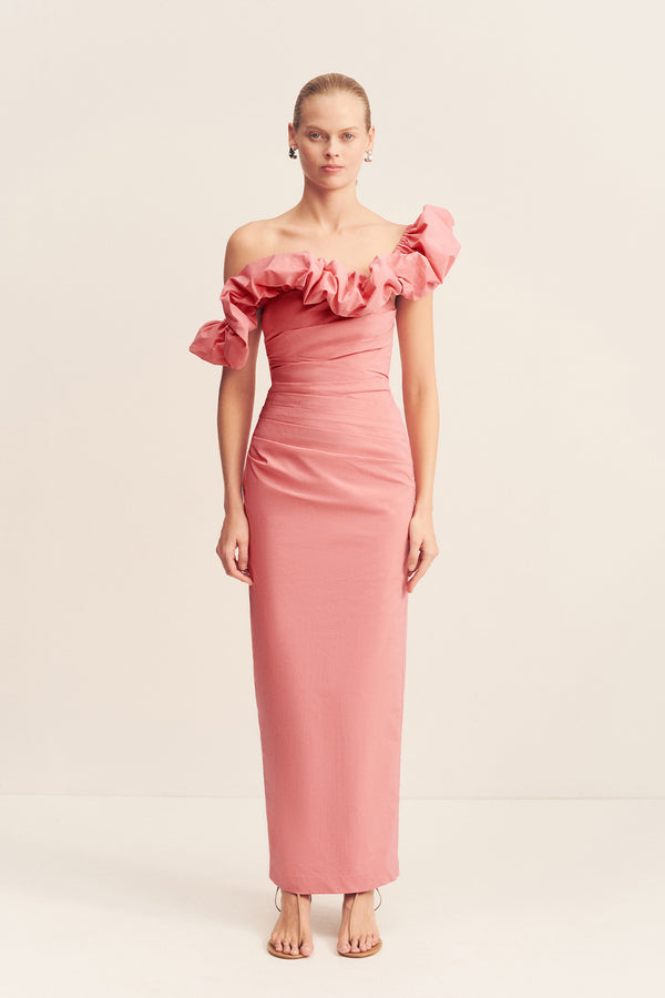 CAMPBELL RUFFLE DRAPED MAXI DRESS - BUBBLEGUM_F