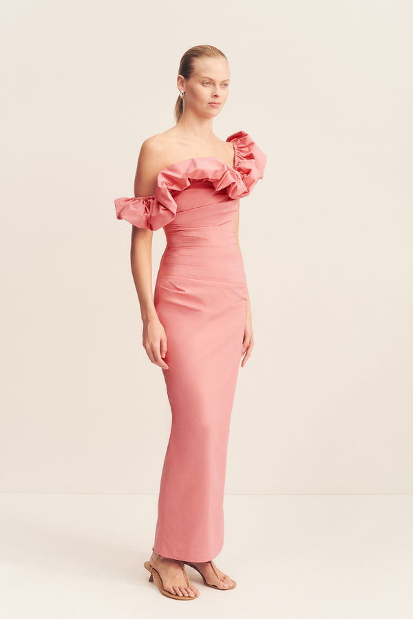 CAMPBELL RUFFLE DRAPED MAXI DRESS - BUBBLEGUM_A