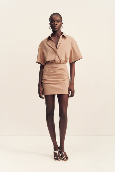 brown shirt dress outfit Campbell Fitted Mini | Clay | Dresses WOL Loves: Dreamy Neutral Color:Azure Bream OLDMONEY