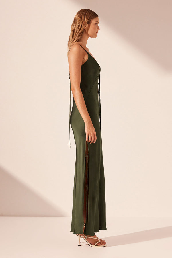 SHAE PLUNGED SLIP TIE MAXI DRESS - PINE GREEN_S