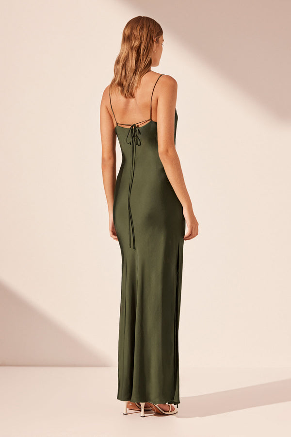 SHAE PLUNGED SLIP TIE MAXI DRESS - PINE GREEN_B