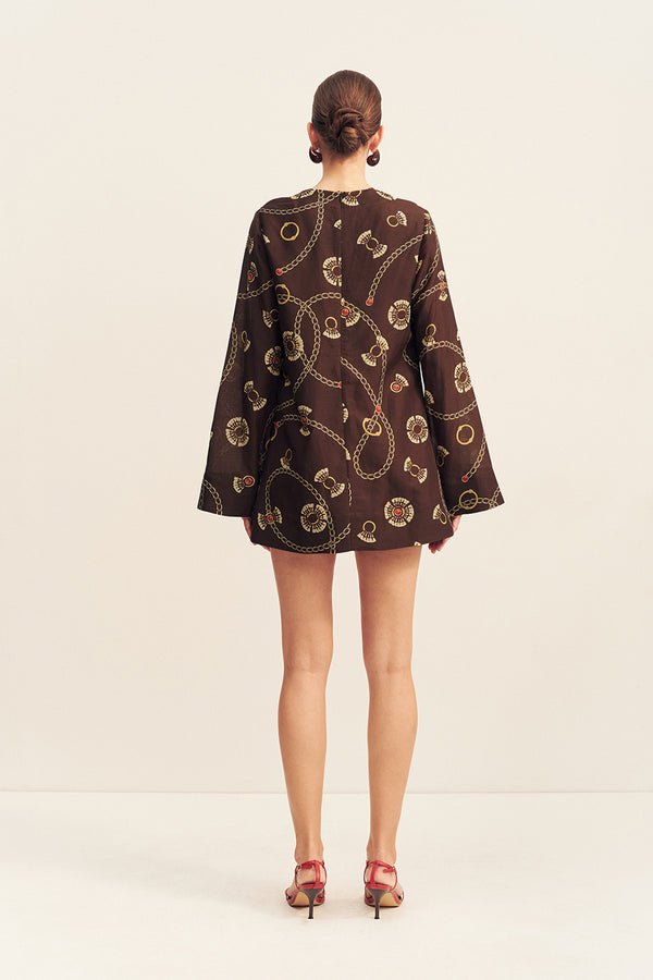 VACANZA PLUNGED LONG SLEEVE MINI DRESS - MEDALLION STAMP