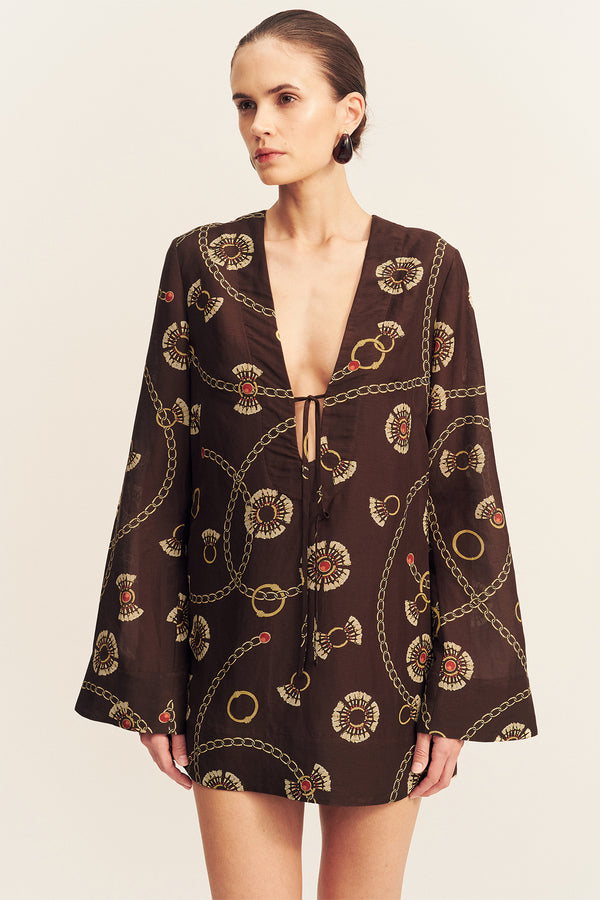 VACANZA PLUNGED LONG SLEEVE MINI DRESS - MEDALLION STAMP
