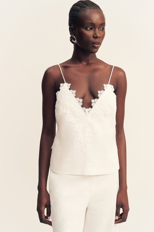 TOILE LINEN LACE WIDE LEG PANT - IVORY