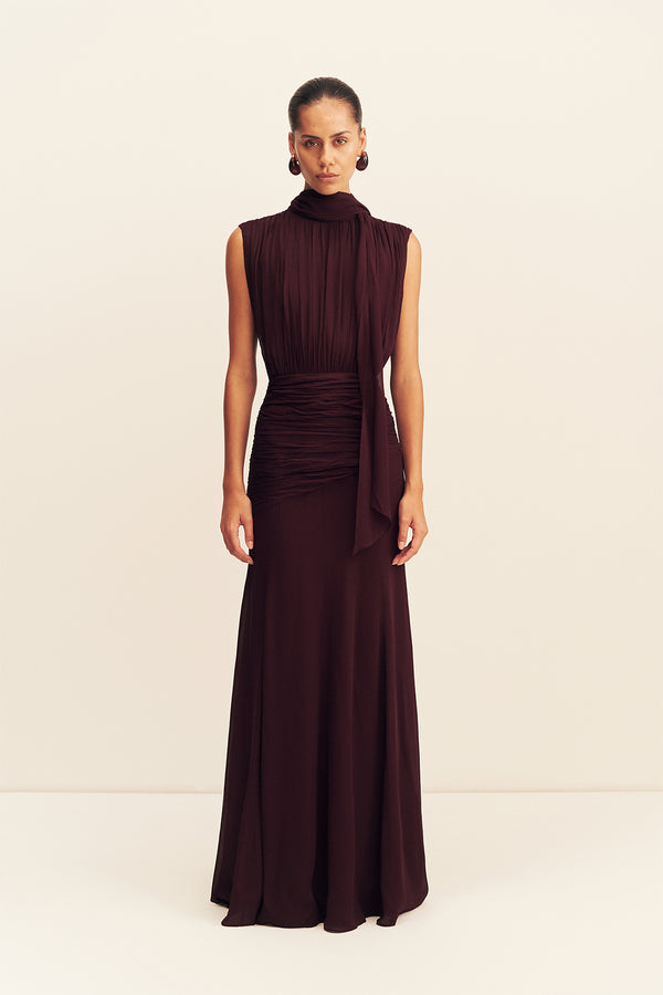 AMINA SCARF NECK MAXI DRESS - WINE TASTING_F