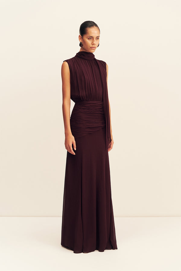 AMINA SCARF NECK MAXI DRESS - WINE TASTING