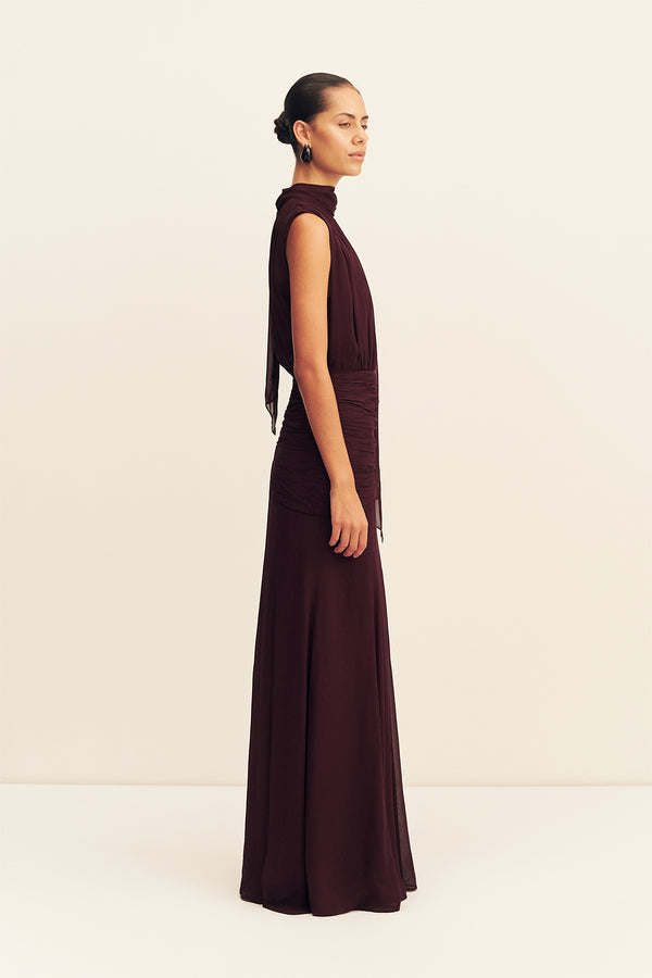 AMINA SCARF NECK MAXI DRESS - WINE TASTING