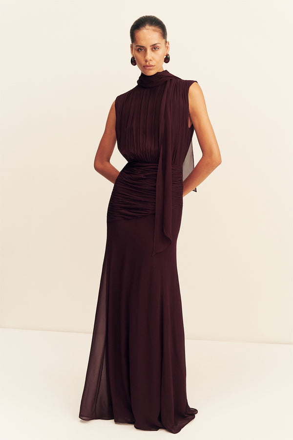 AMINA SCARF NECK MAXI DRESS - WINE TASTING